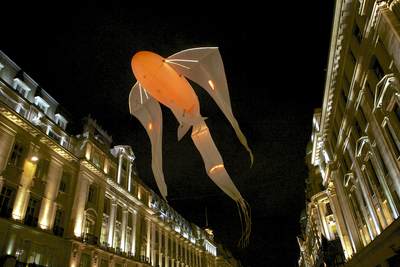 Marine creatures moving and floating above people. There are 2-3 'puppeters' for each creature in both Piccadilly and Regent Street - 'Les Luminéoles' by Porté par le Vent during the Lumiere London 2016 in United Kingdom