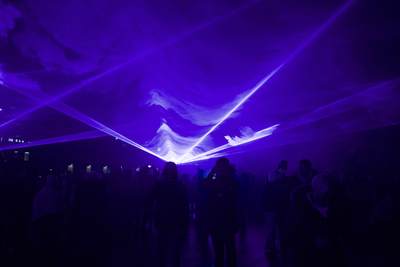 ‘Waterlight’ by Daan Roosegaarde (Netherlands) art installation created by shining beams of light and moving images onto water vapour in Kings Cross as part of the Lumiere London 2018 in United Kingdom