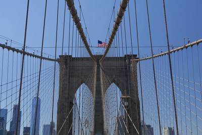 View of the Brooklyn Bridge in New York City, a hybrid cable-stayed/suspension bridge, one of the oldest roadway bridges in the United States of America USA U.S.A.