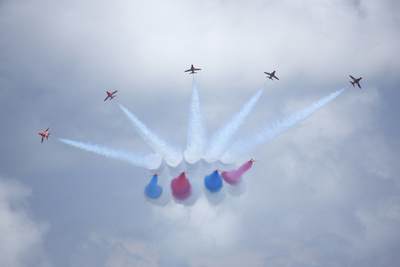 The Red Arrows aerobatic team of the Royal Air Force (RAF) on display at the Eastbourne Air Show in 2017 in South East England, United Kingdom Europe