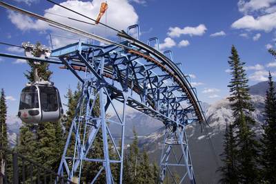Sulphur Mountain Gondola in Banff National Park in the Canadian Rocky Mountains overlooking the town of Banff, Alberta, Canada, North America