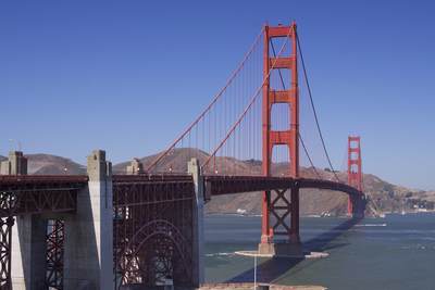 Golden Gate Bridge, a steel suspension bridge spanning the Golden Gate (the opening of the San Francisco Bay into the Pacific Ocean), declared one of the modern wonders of the world in San Francisco in California in the United States of America USA U.S.A.