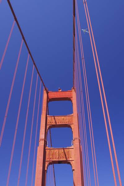Golden Gate Bridge, a steel suspension bridge spanning the Golden Gate (the opening of the San Francisco Bay into the Pacific Ocean), declared one of the modern wonders of the world in San Francisco in California in the United States of America USA U.S.A.