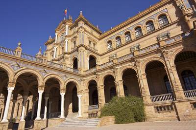 The central 'Exposition' building in the Plaza de España, which now houses central Government buildings in Seville in Andalusia, Spain Europe