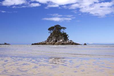 Small islet in Torrent bay at low tide in the Abel Tasman National Park on South Island New Zealand