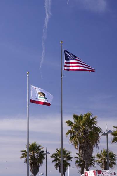 The flag of California with a grizzly bear motif along with the American flag (a.k.a. Stars and Stripes, Old Glory or the Star-Spangled Banner) in Santa Monica in Los Angeles, California, United States of America USA U.S.A.