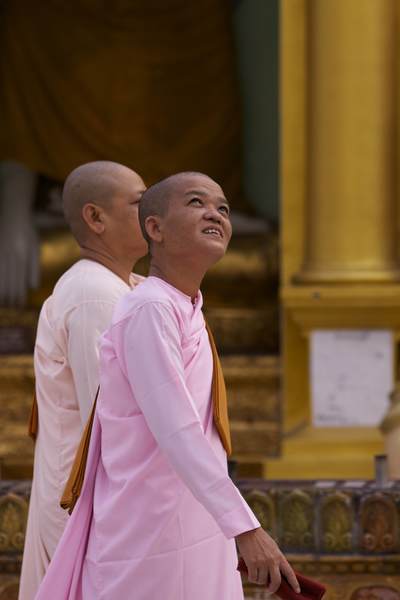 Burmese Novice monks walk through the Shwedagon Pagoda complex (Shwedagon Zedi Daw) in Yangon (Rangoon) in Myanmar (Burma)
