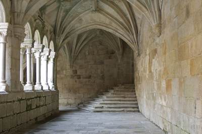 Arched cloisters and columns of the Parador de Santo Estevo - formerly a Benedictine monastery near Ourense in Galicia, Spain in Europe