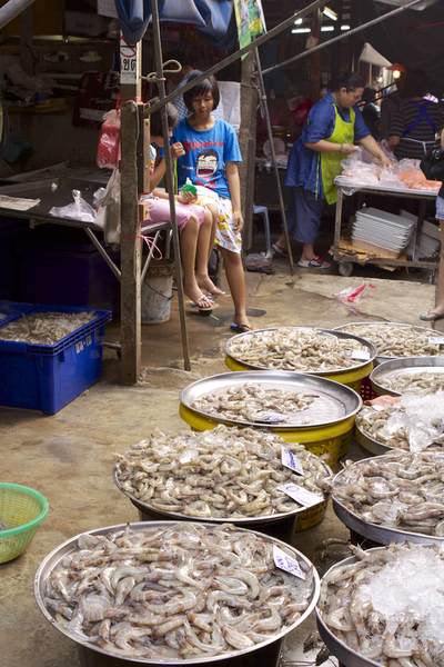 Fresh raw prawns for sale at Maeklong Railway Market (Risky market,  Talad Rom Hub) in Thailand