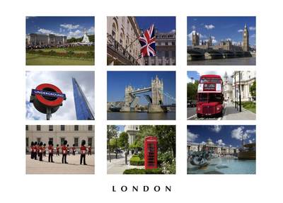 A montage of nine images and icons of London in the United Kingdom