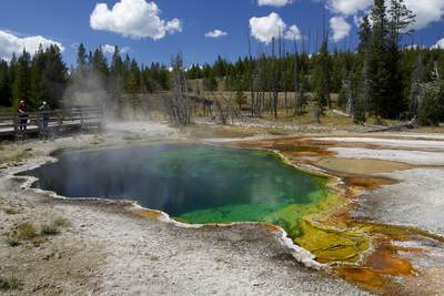 At 12 metres (53 feet) deep, Abyss Pool is one of the deepest pools in in Yellowstone, last active over 20-years ago it is also one of the most colourful geothermal pools at West Thumb in Yellowstone National Park in Wyoming in the United States of America USA U.S.A.