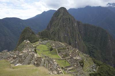 View over the 15th Century Incan site of Machu Picchu in the Andes mountain range of Peru in South America