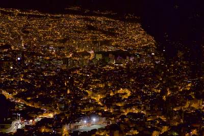 View of the street lights of La Paz at night in Bolivia in South America