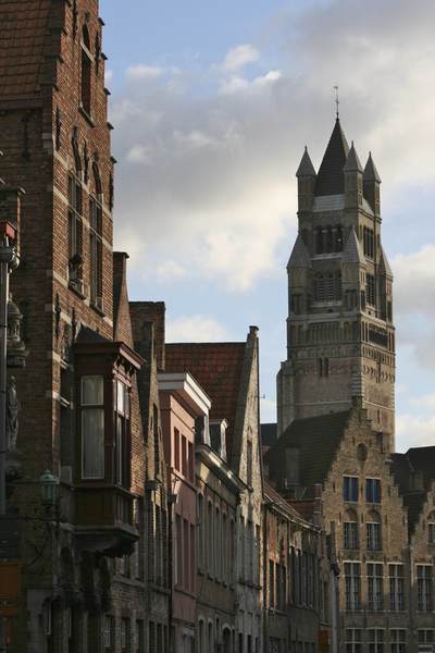 Tower of Sint-Salvators kathedraal (Cathedral) built in the later 13th century but designated a cathedral in 1834, the tower was increased in height in 1839 by English architect - William Chantrell in Brugges, Bruge, West-Vlaanderen in Belgium Europe