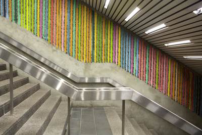 Coloured stripes decorating the underpass at Champs-de-Mars metro station in the borough of Ville Marie on the Orange Line - opened in 1966, as part of the original network of the Metro in Montreal in Quebec Province in Canada in North America