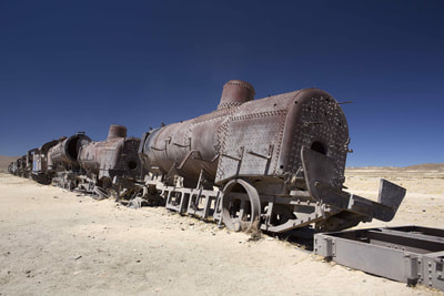 Rusting locomotives trains in the train cemetery, Uyuni de Salar  in Bolivia in South America