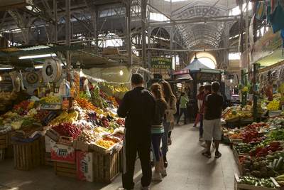 Interior of the San Telmo fruit and vegetable market - the Mercado de San Telmo, declared a national historic monument situated on the corner of Defensa and Carlos Calvo streets in the San Telmo district of Buenos Aires in Argentina in South America