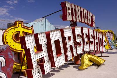 Original colourful advertising Binion's neon light sign signage in the Neon Boneyard museum located on the North Las Vegas Boulevard in Nevada, United States of America U.S.A. USA